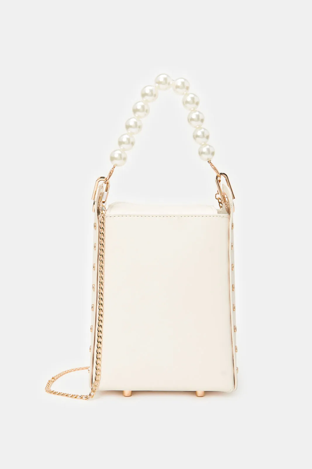 Women Beige With Pearl Handle Evening Clutch