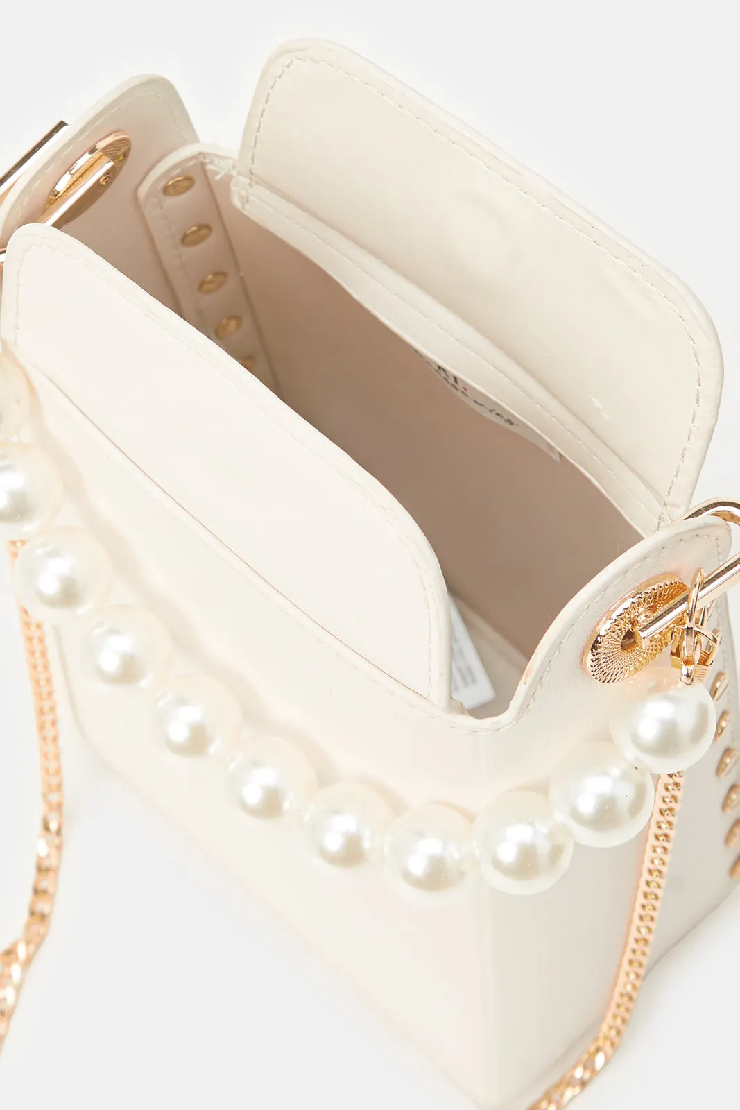 Women Beige With Pearl Handle Evening Clutch