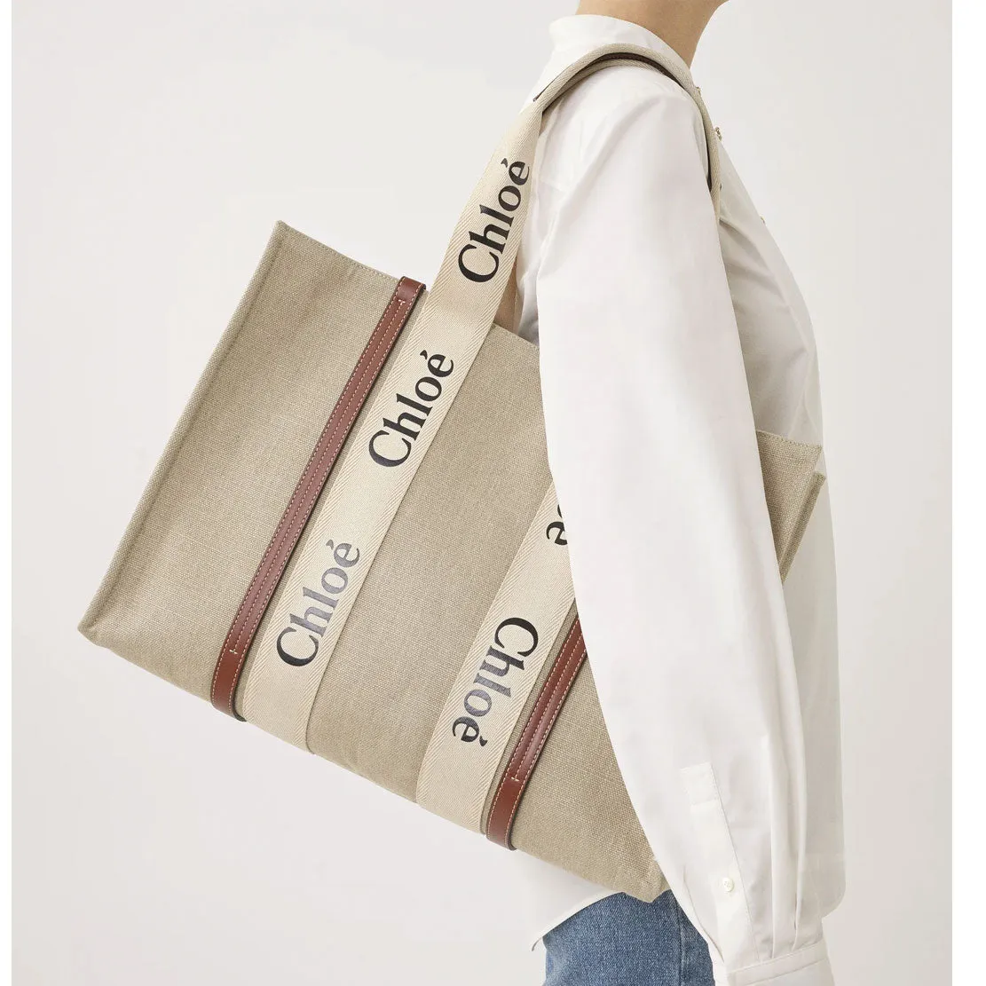 Woody Tote Linen Large, White/Brown