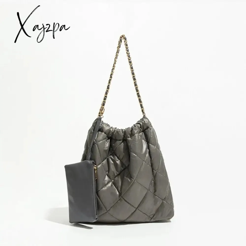 Xajzpa - Casual Quilted Padded Large Capacity Tote Bag Designer Lingge Chains Women Shoulder Bags Down Cotton Puffy Bag 2 Bags Set