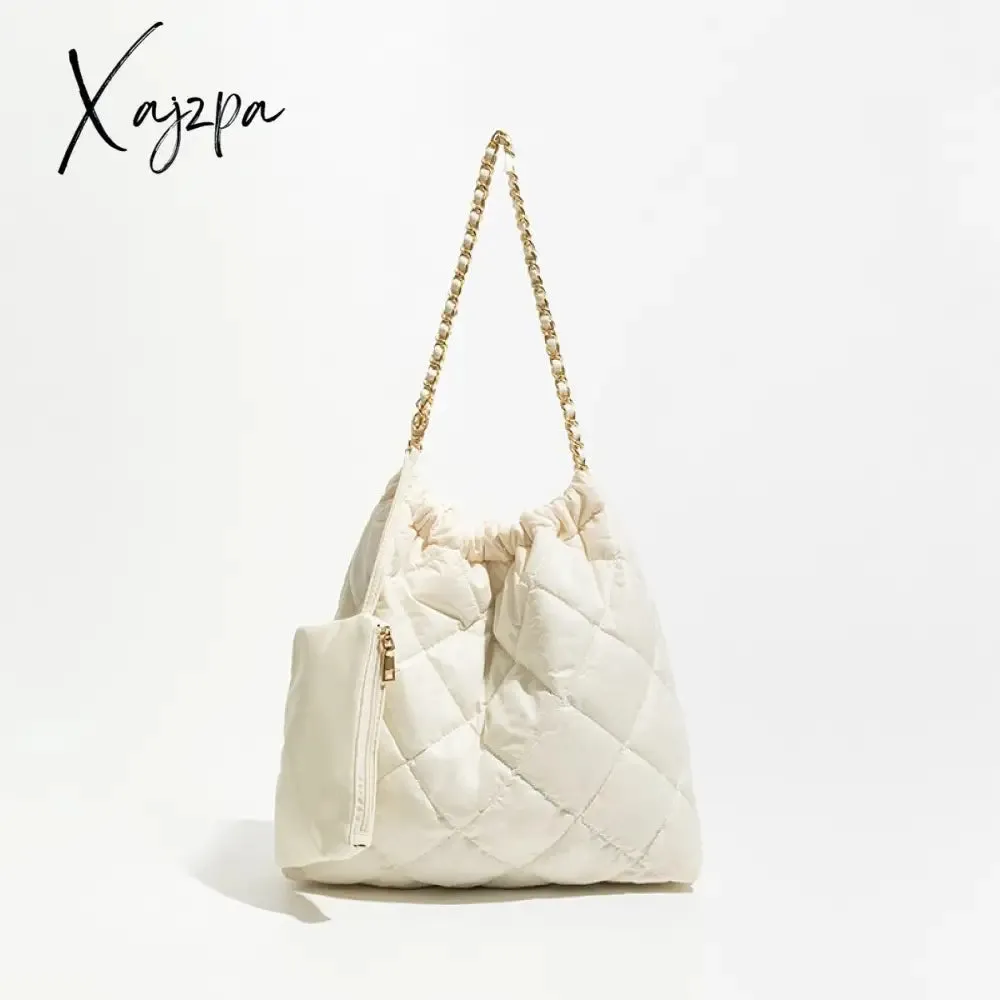 Xajzpa - Casual Quilted Padded Large Capacity Tote Bag Designer Lingge Chains Women Shoulder Bags Down Cotton Puffy Bag 2 Bags Set