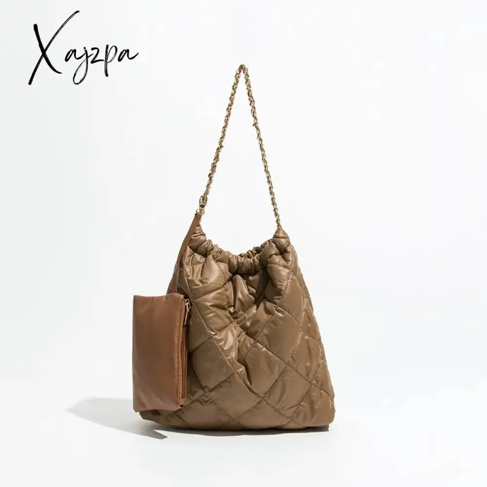 Xajzpa - Casual Quilted Padded Large Capacity Tote Bag Designer Lingge Chains Women Shoulder Bags Down Cotton Puffy Bag 2 Bags Set