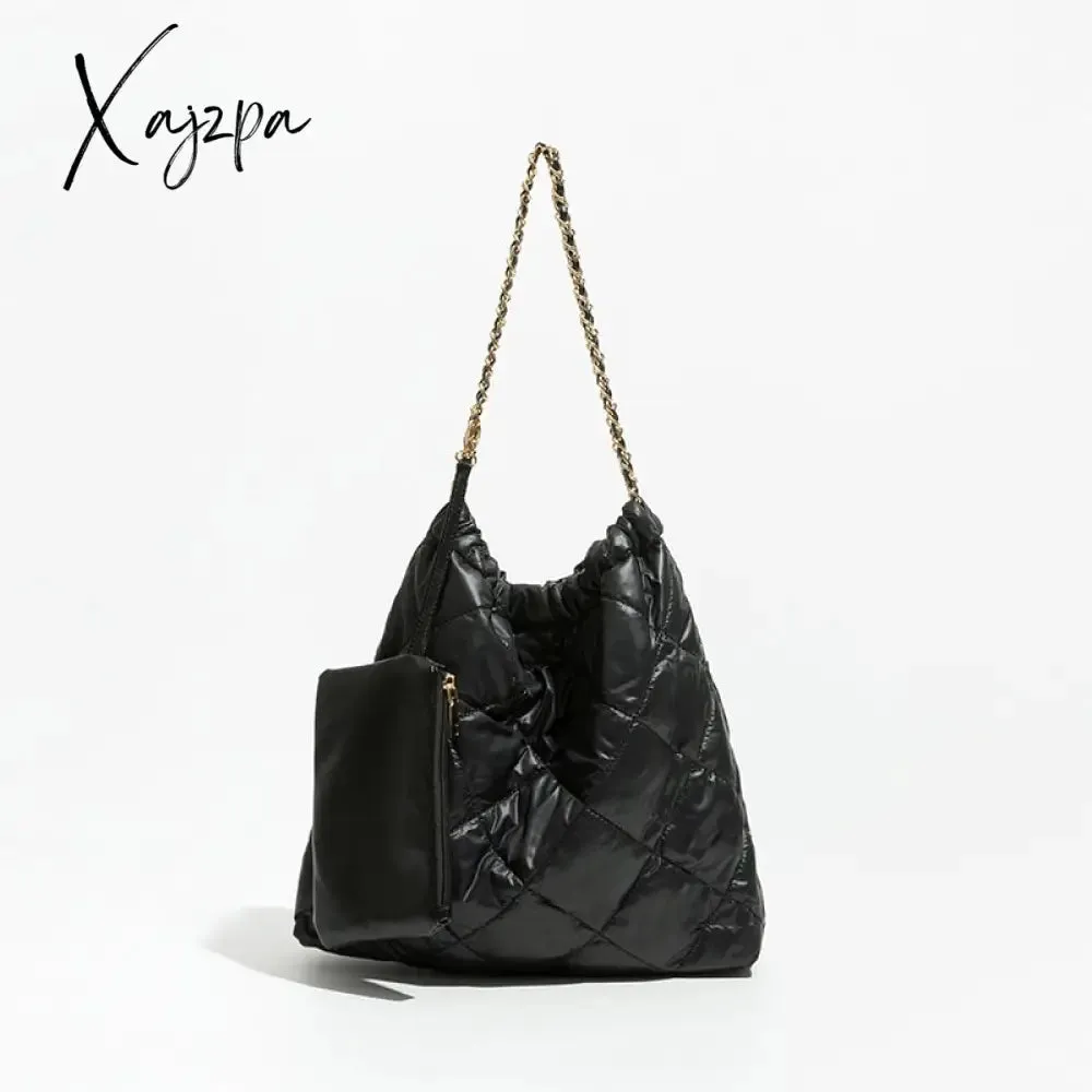 Xajzpa - Casual Quilted Padded Large Capacity Tote Bag Designer Lingge Chains Women Shoulder Bags Down Cotton Puffy Bag 2 Bags Set