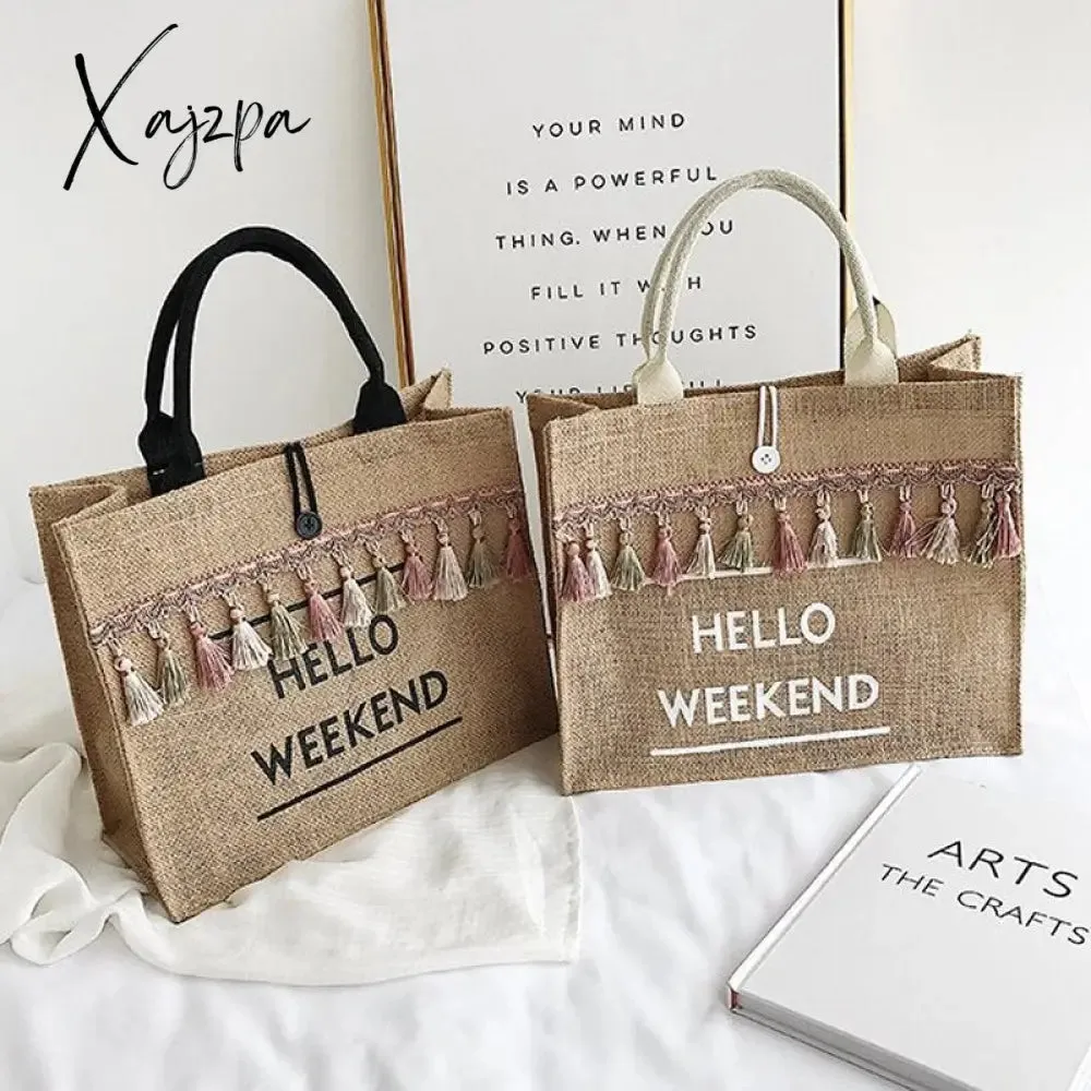 Xajzpa - Women Linen Totes Large Capacity Handbags Letter Luxury Lady Tassel Shoulder Shopper Bag Casual Beach Travel Shopping Bags