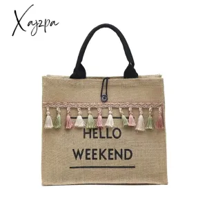 Xajzpa - Women Linen Totes Large Capacity Handbags Letter Luxury Lady Tassel Shoulder Shopper Bag Casual Beach Travel Shopping Bags