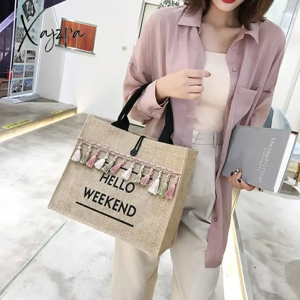 Xajzpa - Women Linen Totes Large Capacity Handbags Letter Luxury Lady Tassel Shoulder Shopper Bag Casual Beach Travel Shopping Bags