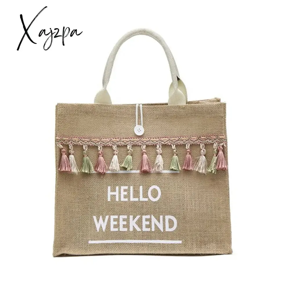 Xajzpa - Women Linen Totes Large Capacity Handbags Letter Luxury Lady Tassel Shoulder Shopper Bag Casual Beach Travel Shopping Bags